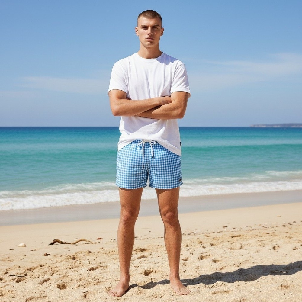 Ibiza Ocean Club Swim Trunks 36 Blue White Gingham Checkered Drawstring Shorts
